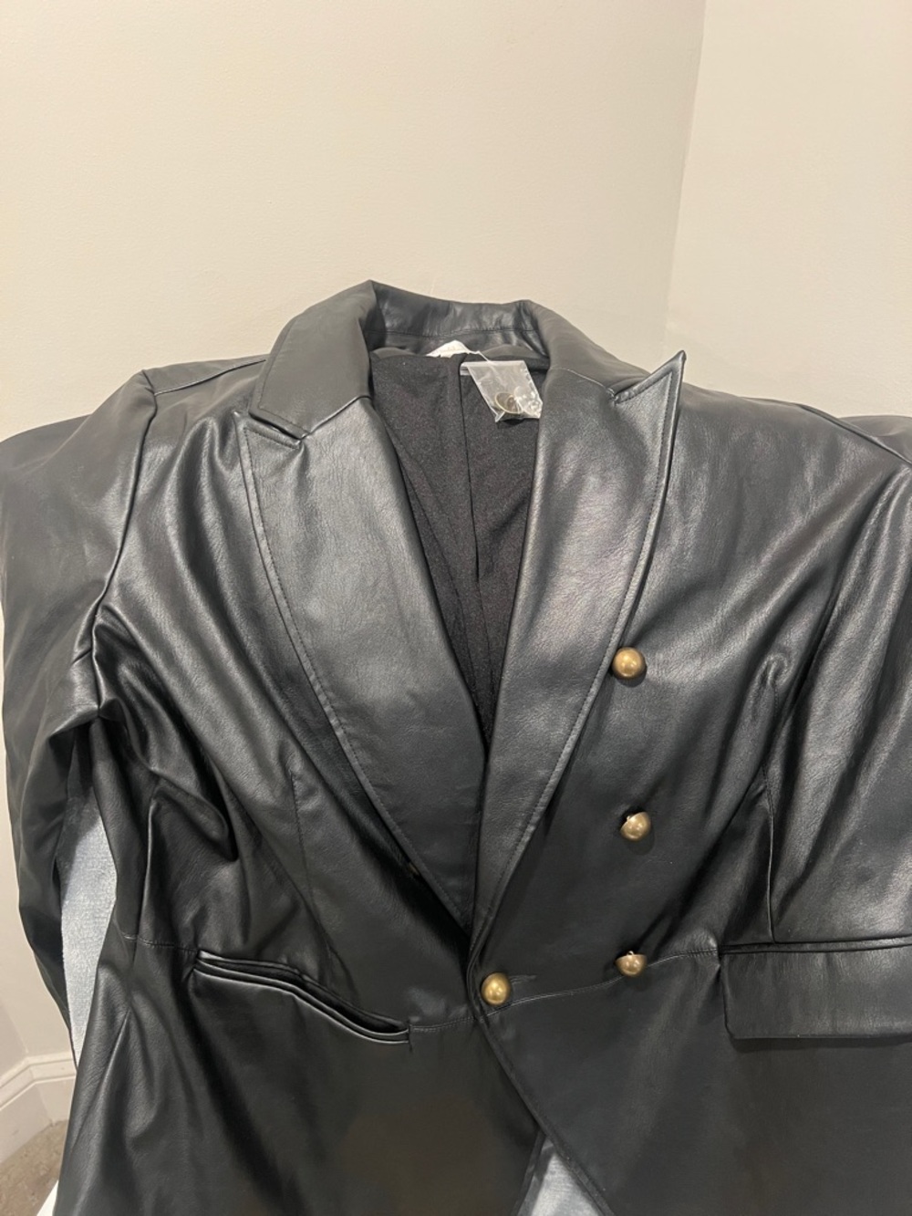 Belle by Kim Gravel Black Faux Leather Double-Breasted Blazer with Gold Buttons